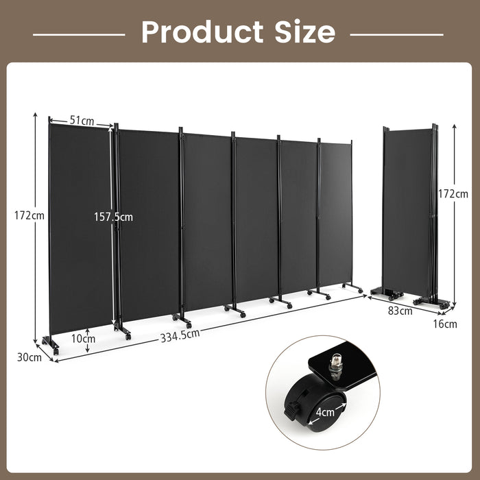 Panel Room Divider - 6-Panel Mobile Divider in Sleek Black - Versatile Partition Solution on Wheels