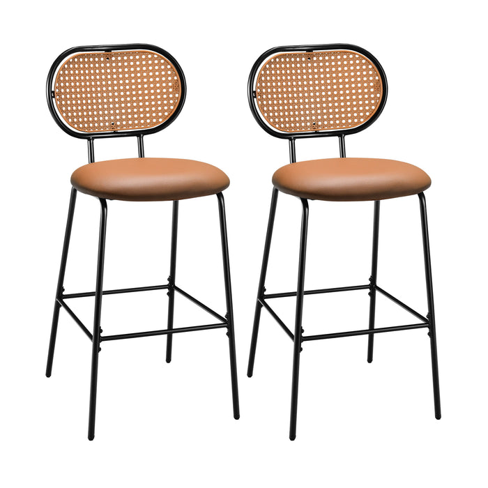 PU Leather Bar Stools (Set of 2) - Rattan Backrest, Footrest, Green - Perfect for Home Bar and Kitchen Counter Seating Comfort