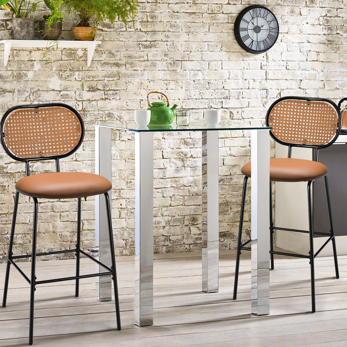 PU Leather Bar Stools (Set of 2) - Rattan Backrest, Footrest, Green - Perfect for Home Bar and Kitchen Counter Seating Comfort