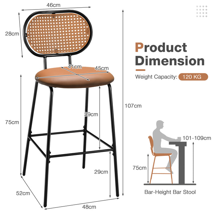 PU Leather Bar Stools (Set of 2) - Rattan Backrest, Footrest, Green - Perfect for Home Bar and Kitchen Counter Seating Comfort