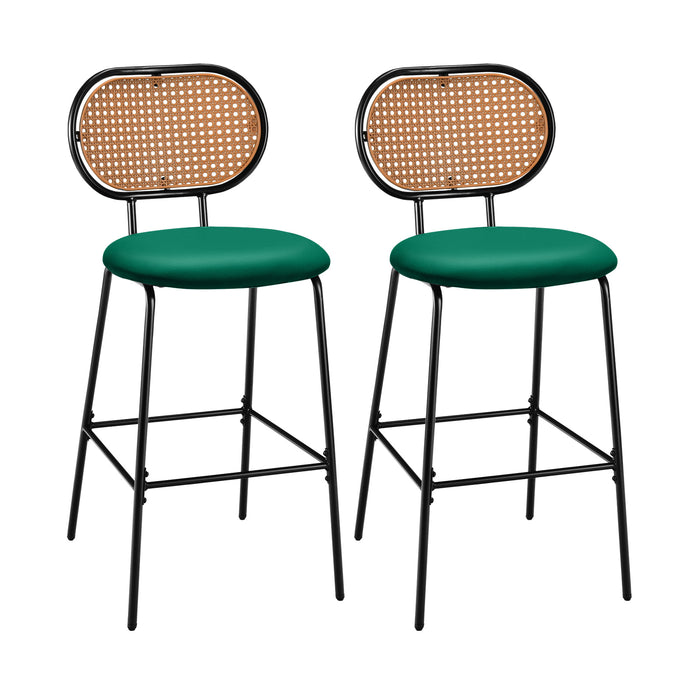 PU Leather Bar Stools (Set of 2) - Rattan Backrest, Footrest, Green - Perfect for Home Bar and Kitchen Counter Seating Comfort