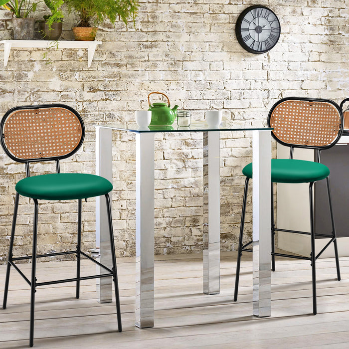 PU Leather Bar Stools (Set of 2) - Rattan Backrest, Footrest, Green - Perfect for Home Bar and Kitchen Counter Seating Comfort