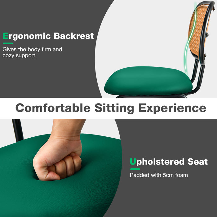 PU Leather Bar Stools (Set of 2) - Rattan Backrest, Footrest, Green - Perfect for Home Bar and Kitchen Counter Seating Comfort