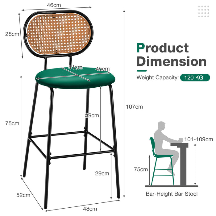 PU Leather Bar Stools (Set of 2) - Rattan Backrest, Footrest, Green - Perfect for Home Bar and Kitchen Counter Seating Comfort