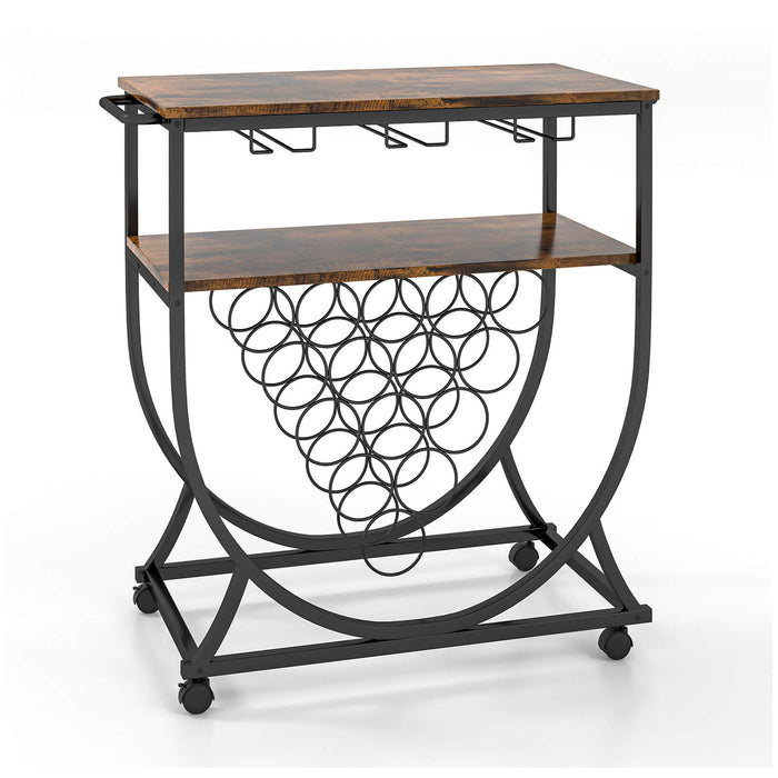 Industrial Rolling Bar Cart - Wine Rack, Glass Holders, Utility Wood Tabletop in Rustic Brown - Ideal for Home Entertainment and Storage Solutions