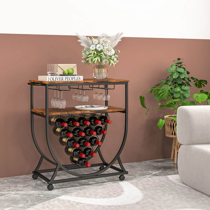 Industrial Rolling Bar Cart - Wine Rack, Glass Holders, Utility Wood Tabletop in Rustic Brown - Ideal for Home Entertainment and Storage Solutions