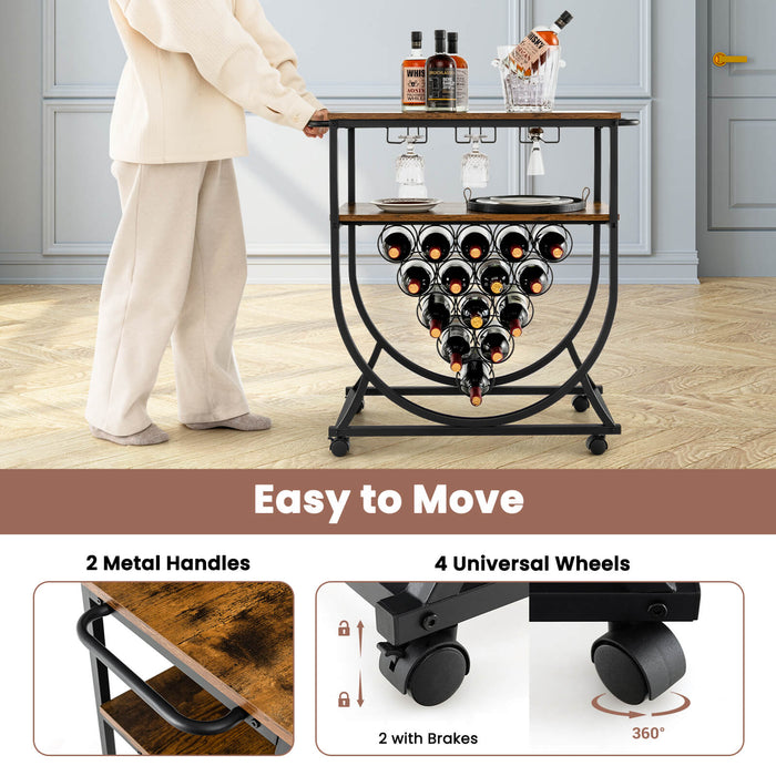 Industrial Rolling Bar Cart - Wine Rack, Glass Holders, Utility Wood Tabletop in Rustic Brown - Ideal for Home Entertainment and Storage Solutions