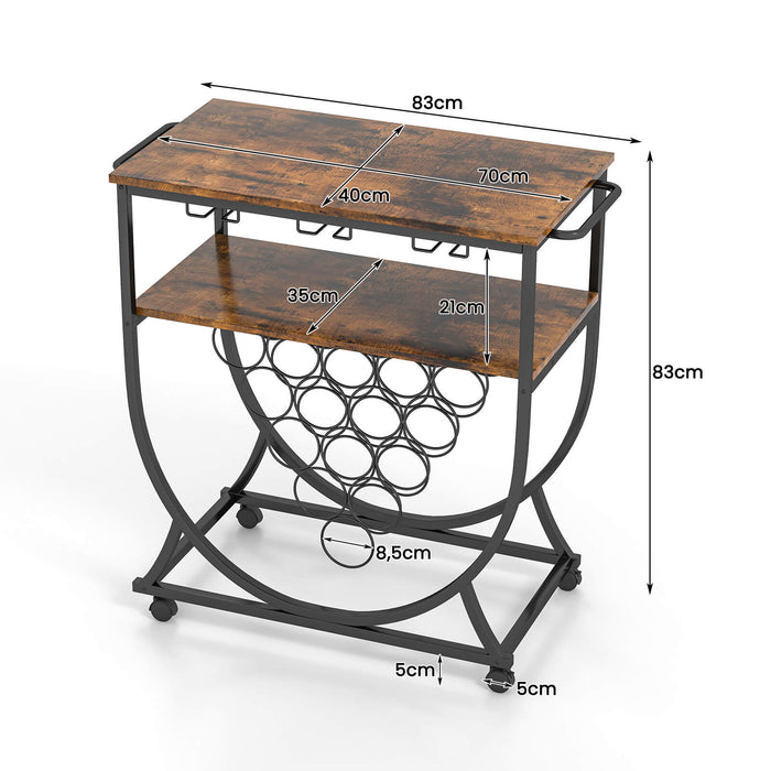 Industrial Rolling Bar Cart - Wine Rack, Glass Holders, Utility Wood Tabletop in Rustic Brown - Ideal for Home Entertainment and Storage Solutions