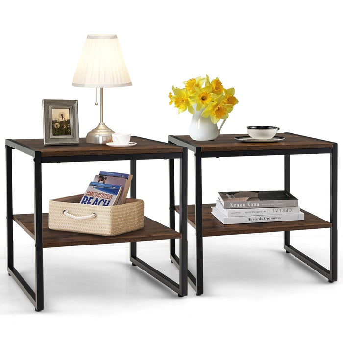 Industrial End Tables Set of 2 - Rustic Brown Tables with 2-Tier Storage Shelf - Perfect for Space Saving and Home Decor