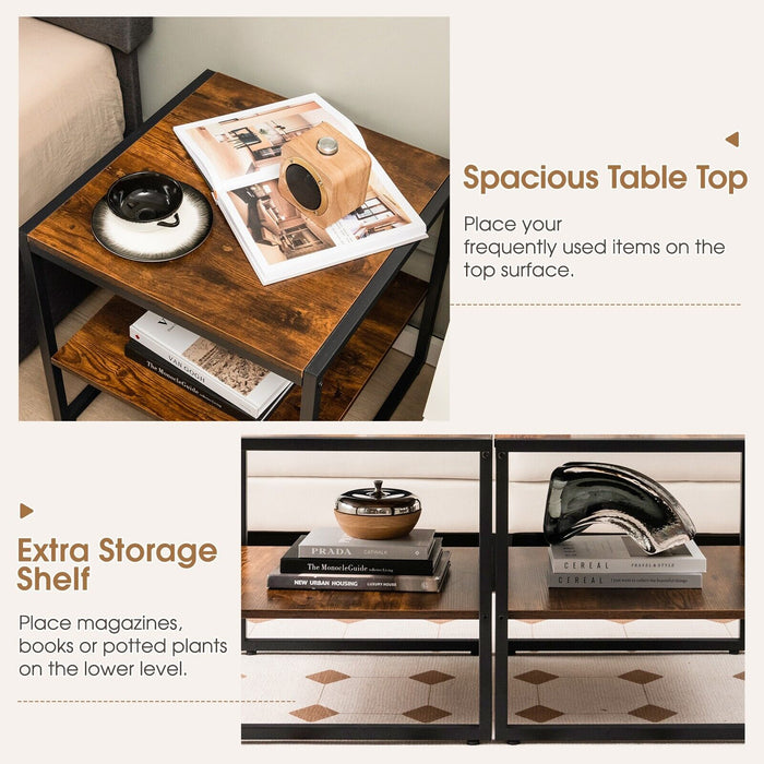 Industrial End Tables Set of 2 - Rustic Brown Tables with 2-Tier Storage Shelf - Perfect for Space Saving and Home Decor