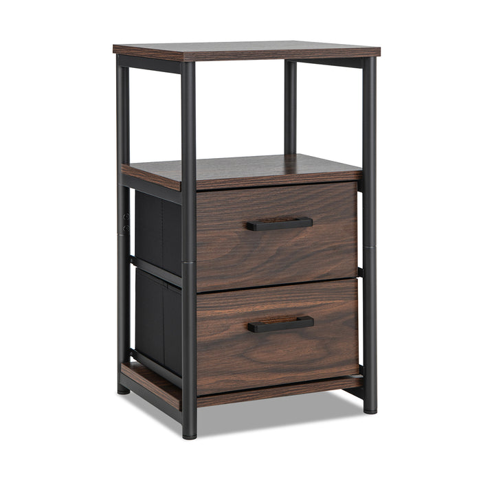 Rustic Brown Metal Frame Bedside Table - Featuring Open Shelf and 2 Drawers - Ideal Storage Solution for Bedroom Essentials
