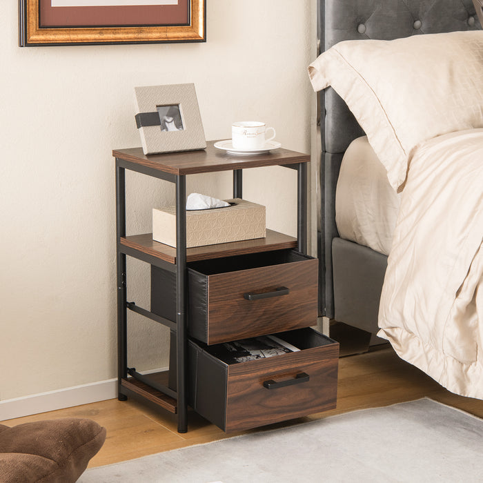 Rustic Brown Metal Frame Bedside Table - Featuring Open Shelf and 2 Drawers - Ideal Storage Solution for Bedroom Essentials