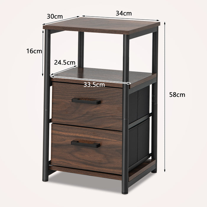 Rustic Brown Metal Frame Bedside Table - Featuring Open Shelf and 2 Drawers - Ideal Storage Solution for Bedroom Essentials