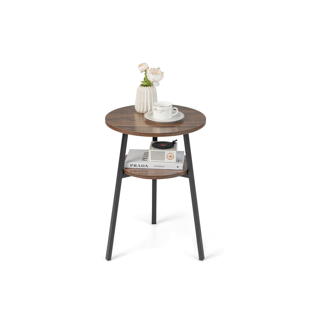 Wooden Round 2-Tier Side Table - Brown Finish, Built-in Storage Shelf - Ideal for Small Spaces and Organization Enthusiasts