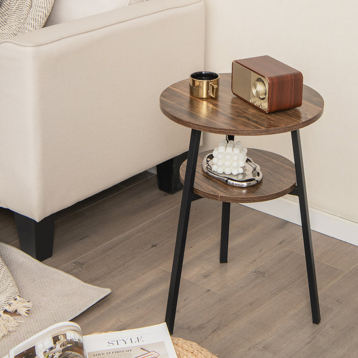 Wooden Round 2-Tier Side Table - Brown Finish, Built-in Storage Shelf - Ideal for Small Spaces and Organization Enthusiasts