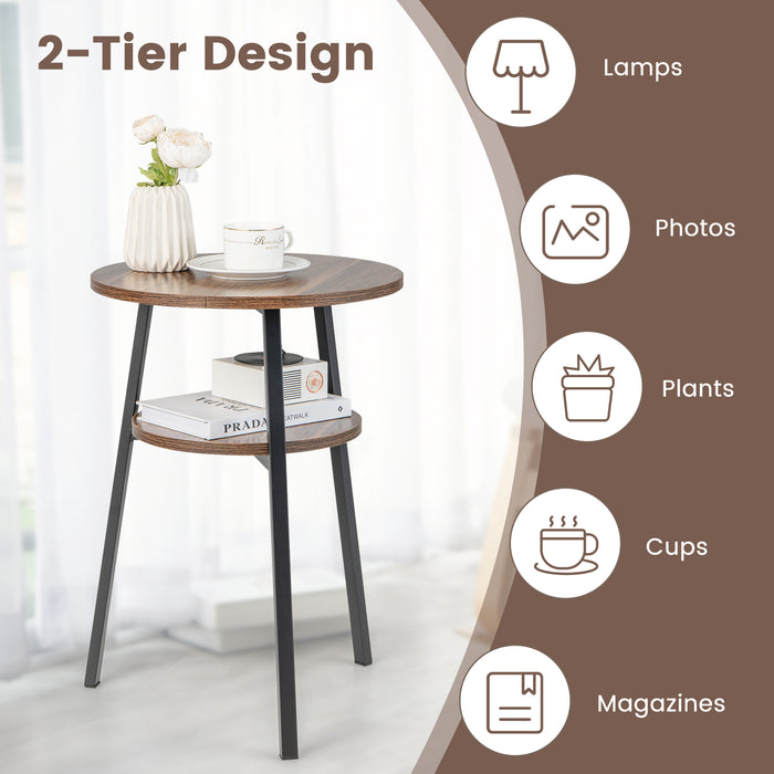 Wooden Round 2-Tier Side Table - Brown Finish, Built-in Storage Shelf - Ideal for Small Spaces and Organization Enthusiasts