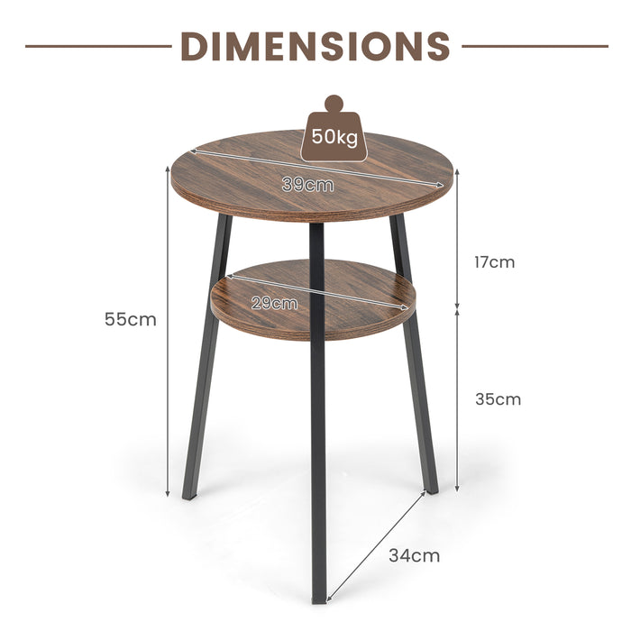 Wooden Round 2-Tier Side Table - Brown Finish, Built-in Storage Shelf - Ideal for Small Spaces and Organization Enthusiasts