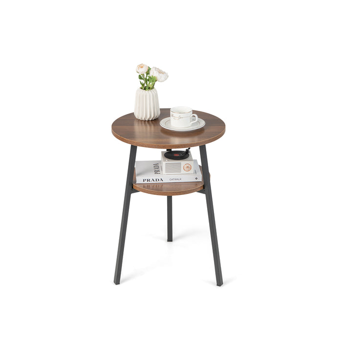 Wooden Round 2-Tier Side Table - Brown Finish, Built-in Storage Shelf - Ideal for Small Spaces and Organization Enthusiasts