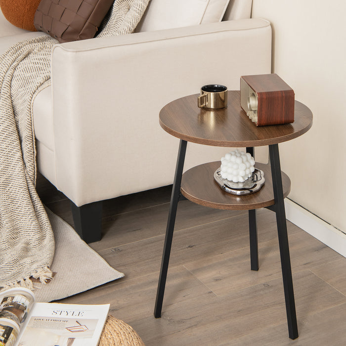 Wooden Round 2-Tier Side Table - Brown Finish, Built-in Storage Shelf - Ideal for Small Spaces and Organization Enthusiasts