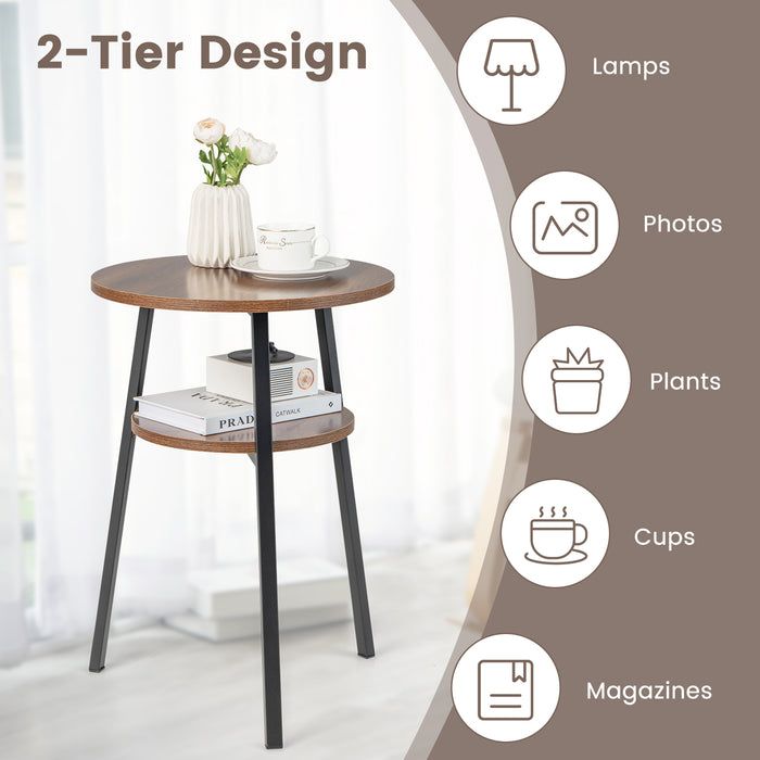 Wooden Round 2-Tier Side Table - Brown Finish, Built-in Storage Shelf - Ideal for Small Spaces and Organization Enthusiasts
