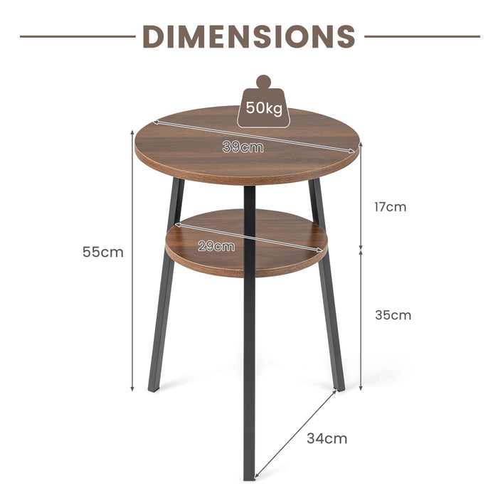Wooden Round 2-Tier Side Table - Brown Finish, Built-in Storage Shelf - Ideal for Small Spaces and Organization Enthusiasts
