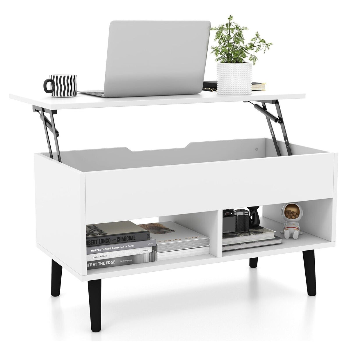 Lift Up Top Coffee Table - Hidden Storage Compartment, Open Shelf and White Finish - Ideal for Compact Living Spaces Needing Extra Storage