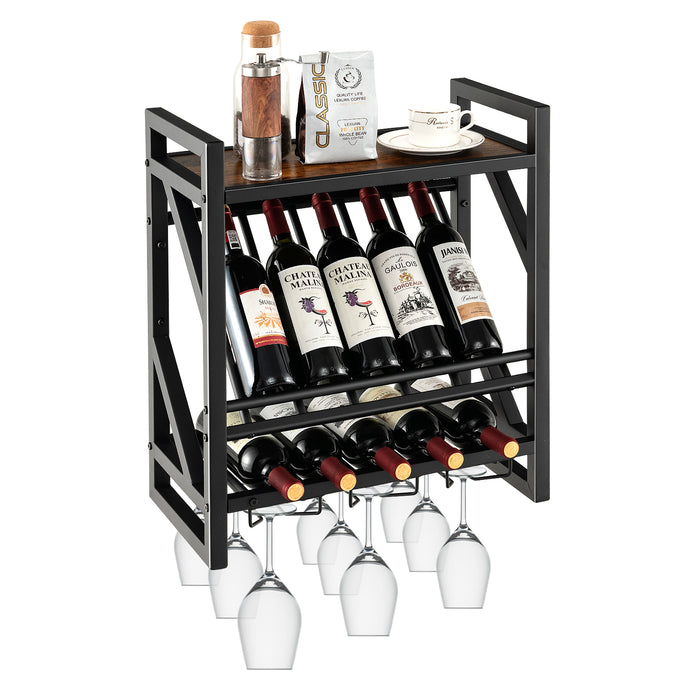 Wall Mounted Wine Rack Model WR-2T3R - Dual-Tier Rack with Three-Row Stemware Holders - Ideal Storage Solution for Wine Enthusiasts and Home Bartenders