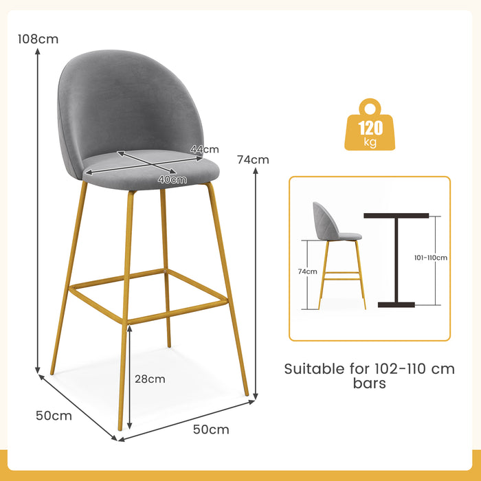 Set of 2 Bar Stools – Grey, Curved Backs, and Padded Seats – Ideal for Comfortable Home Bar Seating