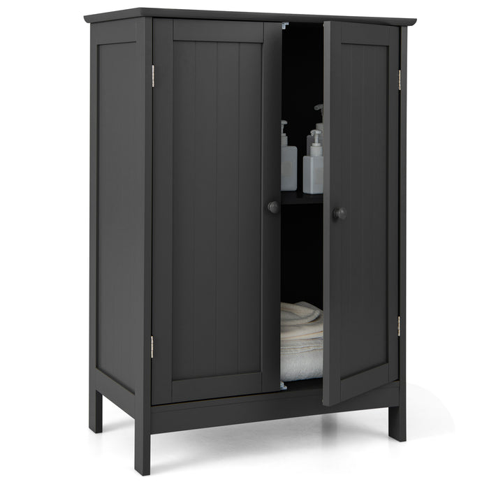 Double Door Floor Cabinet - Bathroom Storage Unit With Shelves, Black Finish - Ideal for Bathroom Organization and Space Saving Solution