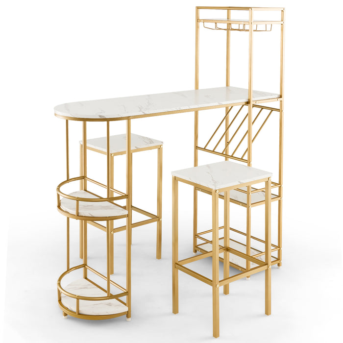 BAr 3-Piece Table Set - Featuring Storage Shelves and Glass Holder, Golden Finish - Ideal for Wine Enthusiasts and Home Bar Arrangement