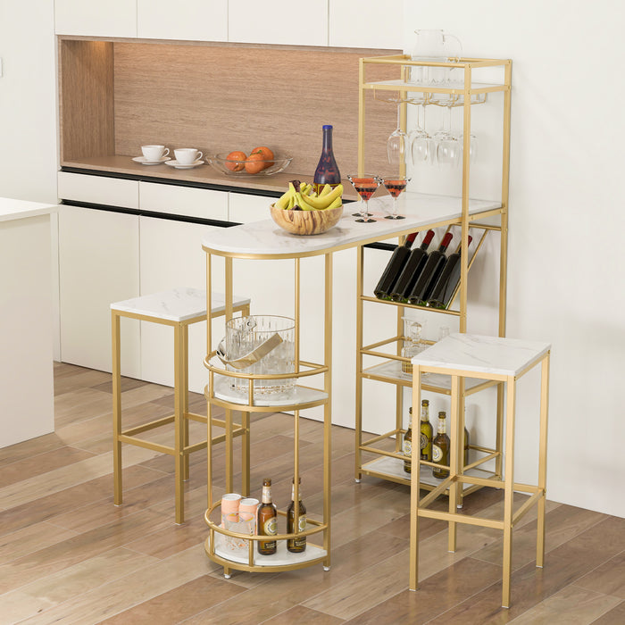BAr 3-Piece Table Set - Featuring Storage Shelves and Glass Holder, Golden Finish - Ideal for Wine Enthusiasts and Home Bar Arrangement