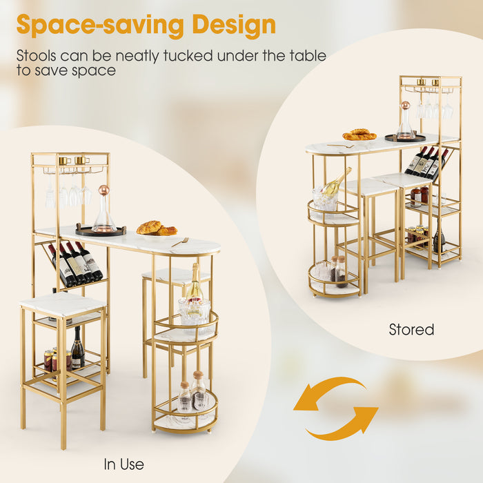 BAr 3-Piece Table Set - Featuring Storage Shelves and Glass Holder, Golden Finish - Ideal for Wine Enthusiasts and Home Bar Arrangement