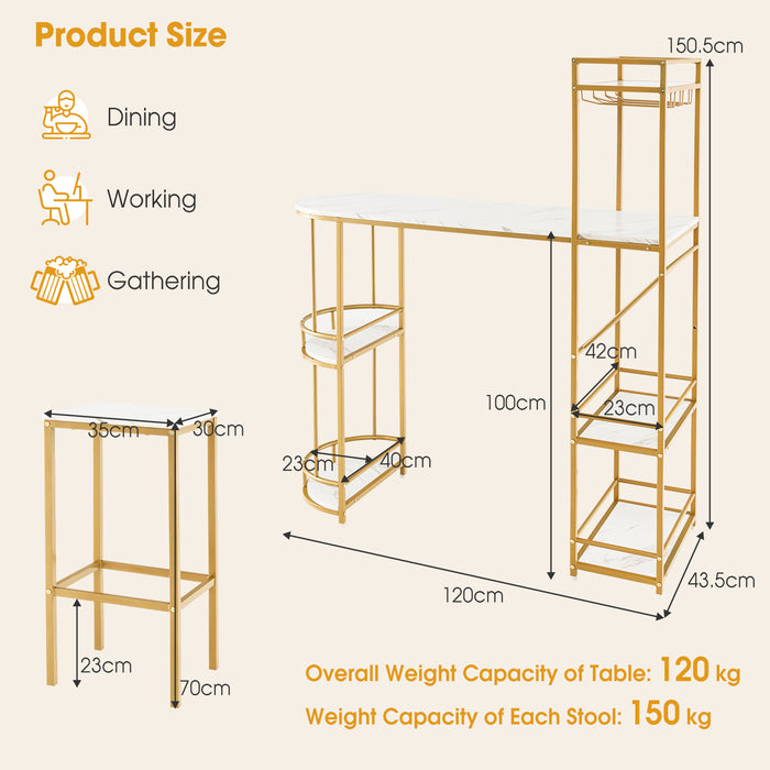 BAr 3-Piece Table Set - Featuring Storage Shelves and Glass Holder, Golden Finish - Ideal for Wine Enthusiasts and Home Bar Arrangement