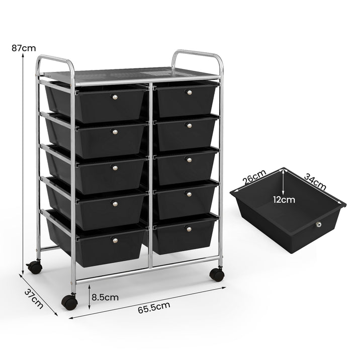 Rolling Storage Cart - 10-Drawer Organizer for Tools and Scrapbook Paper, Black - Perfect for DIY Crafts and Office Organising Tasks