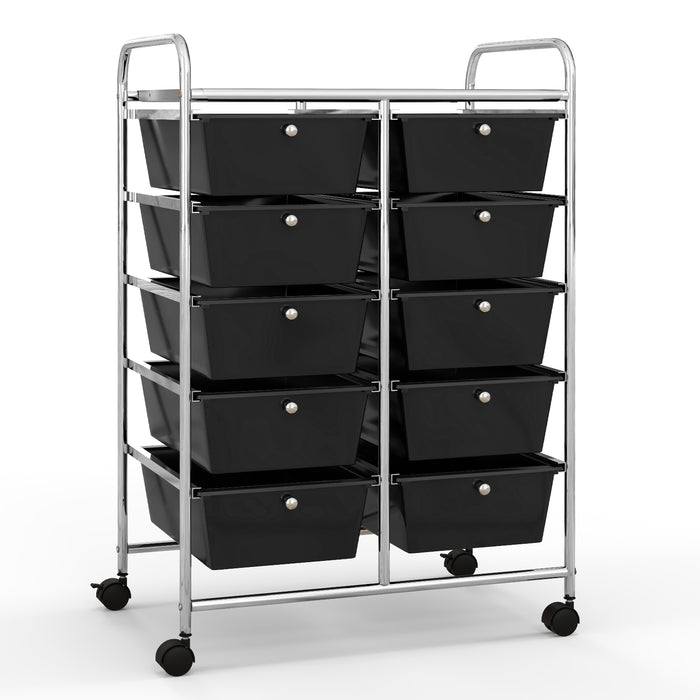 Rolling Storage Cart - 10-Drawer Organizer for Tools and Scrapbook Paper, Black - Perfect for DIY Crafts and Office Organising Tasks