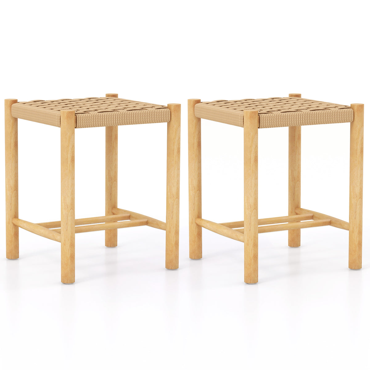 Set of 2 Dining Stools - Rubber Wood Frame with Woven Paper Seat, 36 x 36 x 45cm - Ideal for Casual Dining and Kitchen Spaces