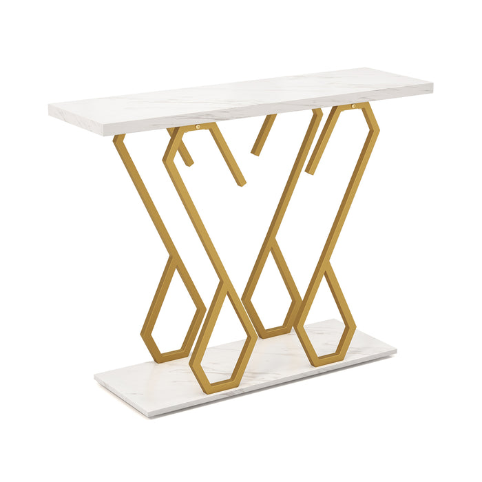 White Faux Marble Console Table with Adjustable Foot Pads - Elegant Entryway Display Furniture - Perfect for Adaptable Indoor Space Management