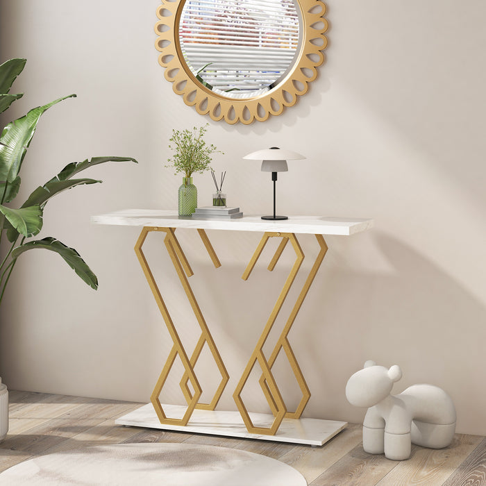 White Faux Marble Console Table with Adjustable Foot Pads - Elegant Entryway Display Furniture - Perfect for Adaptable Indoor Space Management