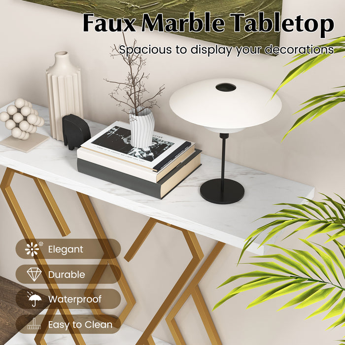 White Faux Marble Console Table with Adjustable Foot Pads - Elegant Entryway Display Furniture - Perfect for Adaptable Indoor Space Management