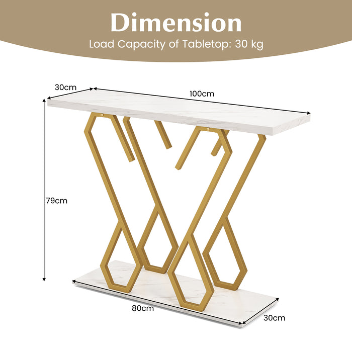 White Faux Marble Console Table with Adjustable Foot Pads - Elegant Entryway Display Furniture - Perfect for Adaptable Indoor Space Management