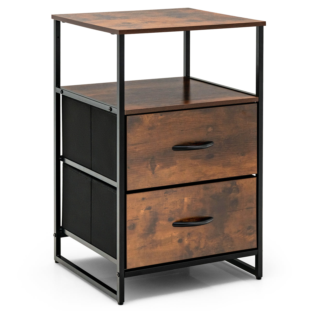 Storage Cabinet Metal Frame - 2 Drawers, Wooden Top, Rustic Brown Design - Ideal for Home Organizing and Decor