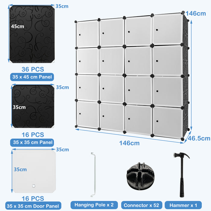 Cube Cabinet Storage Organizer (16 Cubes) with Dual Clothes Hanging Rails - Versatile Black & White Design - Ideal for Clothing and Accessory Organization