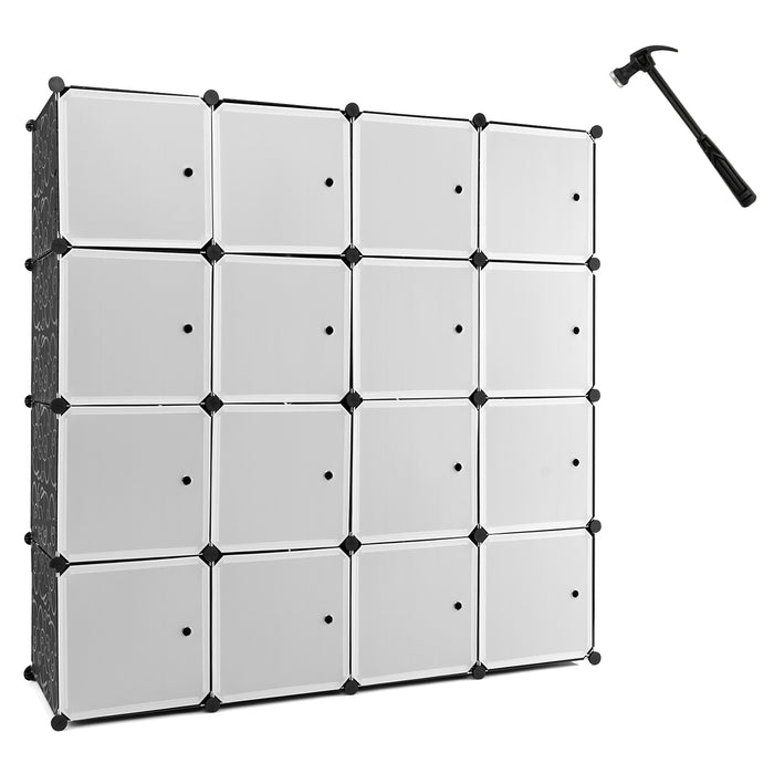 Cube Cabinet Storage Organizer (16 Cubes) with Dual Clothes Hanging Rails - Versatile Black & White Design - Ideal for Clothing and Accessory Organization