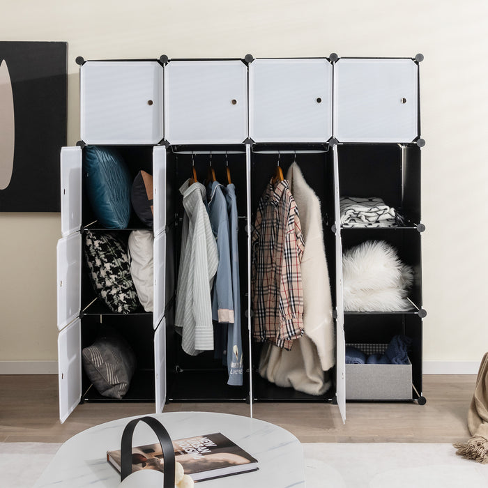Cube Cabinet Storage Organizer (16 Cubes) with Dual Clothes Hanging Rails - Versatile Black & White Design - Ideal for Clothing and Accessory Organization