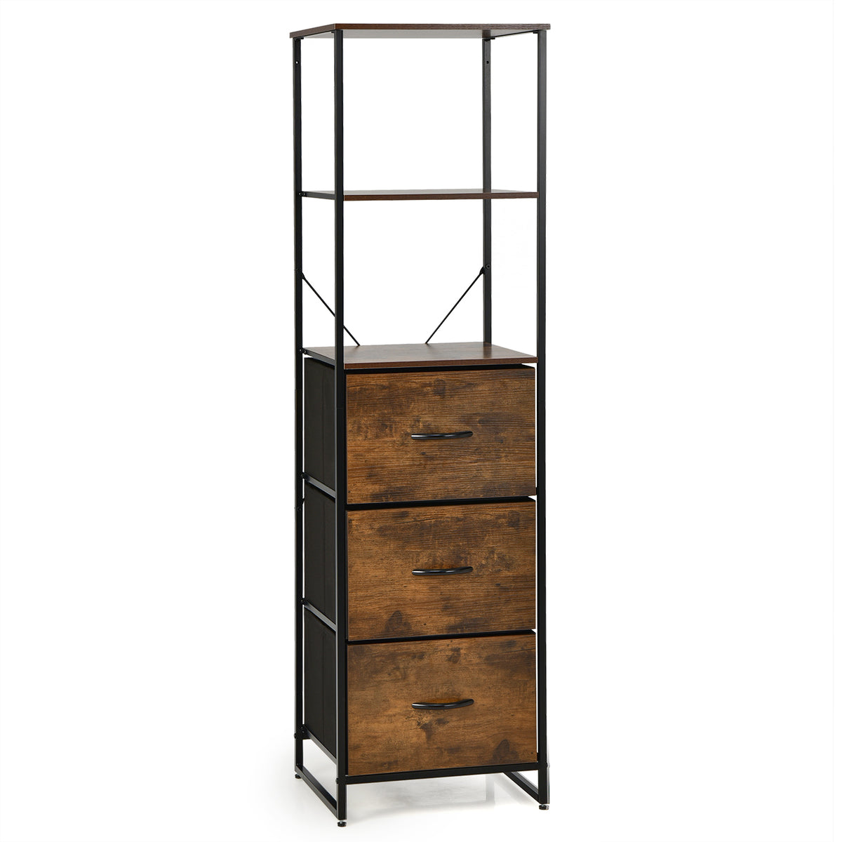 Rustic Brown Storage Cabinet - 3 Drawers and 3-Tier Tall Shelf Home Furniture - Ideal For Bedroom Organization