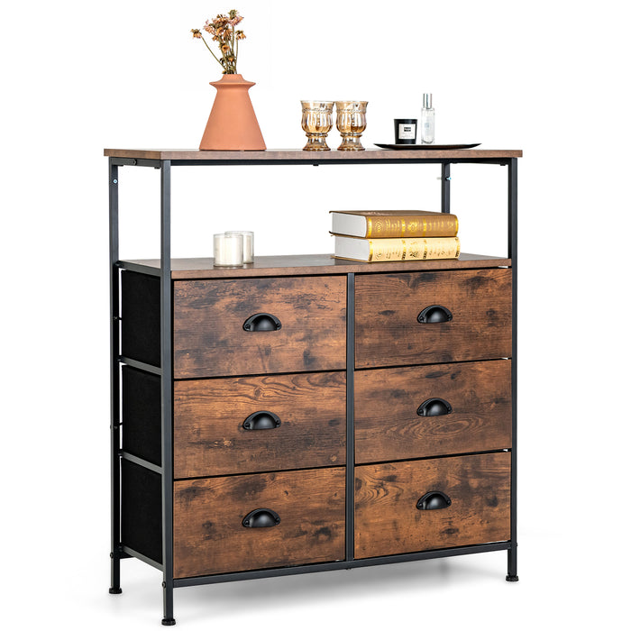 Rustic Brown 2-Tier Dresser - Features 6 Removable Fabric Drawers and Wooden Top - Ideal for Bedroom Storage and Organization