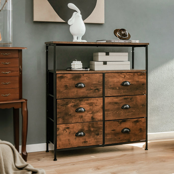 Rustic Brown 2-Tier Dresser - Features 6 Removable Fabric Drawers and Wooden Top - Ideal for Bedroom Storage and Organization