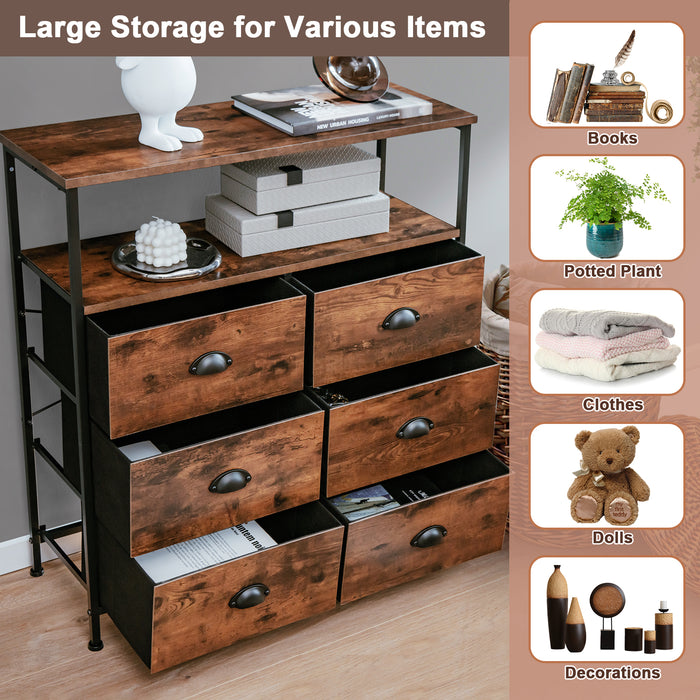 Rustic Brown 2-Tier Dresser - Features 6 Removable Fabric Drawers and Wooden Top - Ideal for Bedroom Storage and Organization