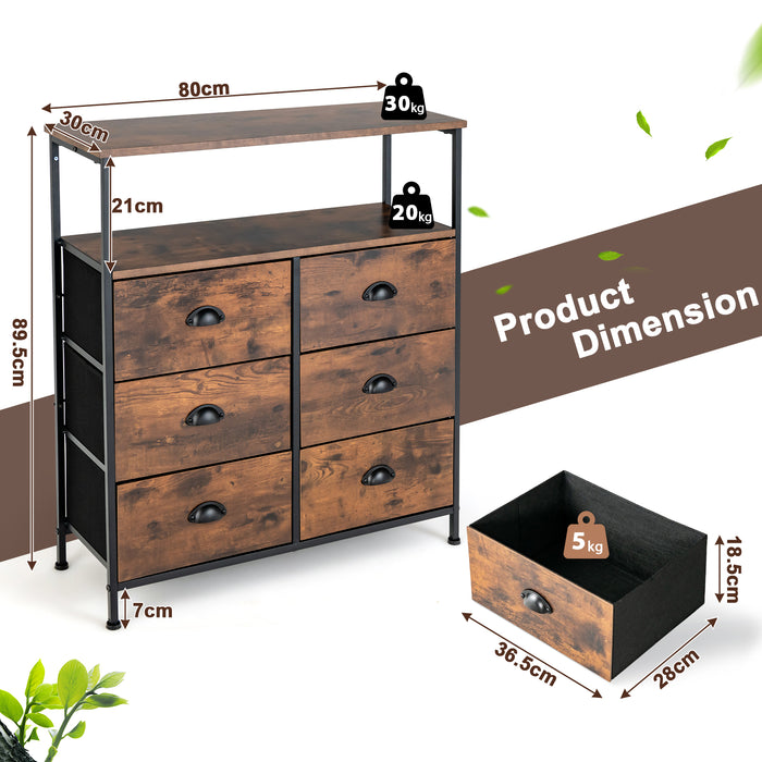 Rustic Brown 2-Tier Dresser - Features 6 Removable Fabric Drawers and Wooden Top - Ideal for Bedroom Storage and Organization
