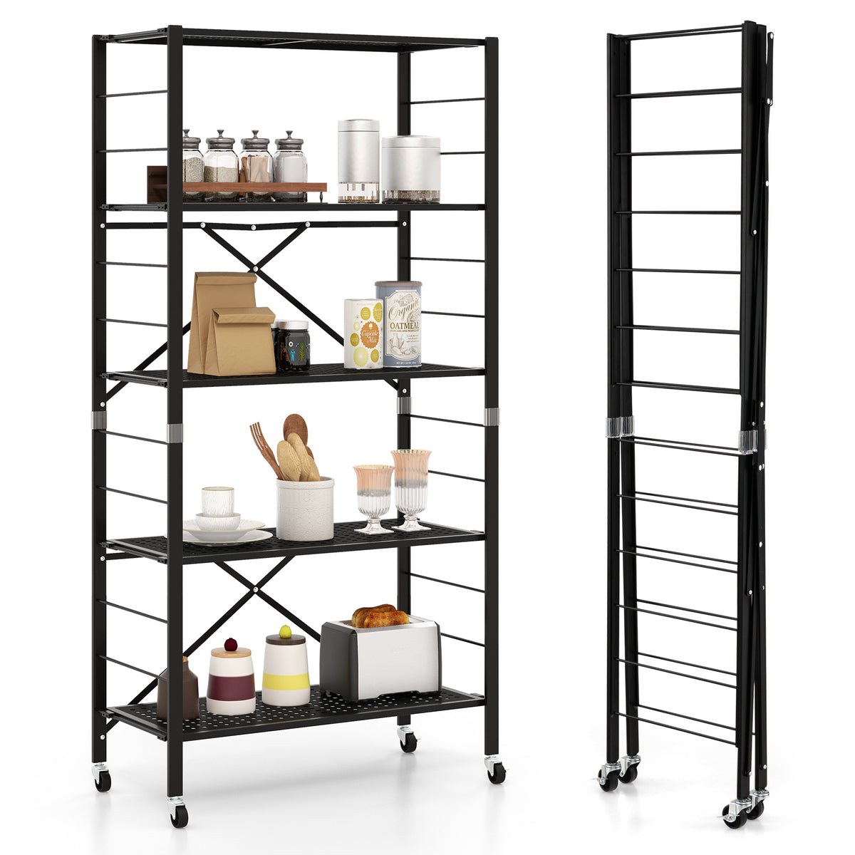 5-Tier Folding Storage Shelves - Adjustable, Mobile Black Shelving Unit  - Ideal for Versatile Storage Solutions